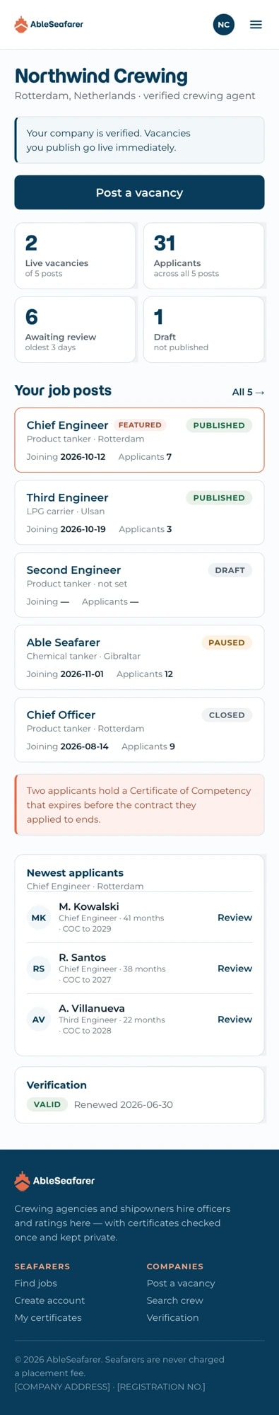 The AbleSeafarer company dashboard: a crewing agency's live vacancies, applicant counts and newest applicants.
